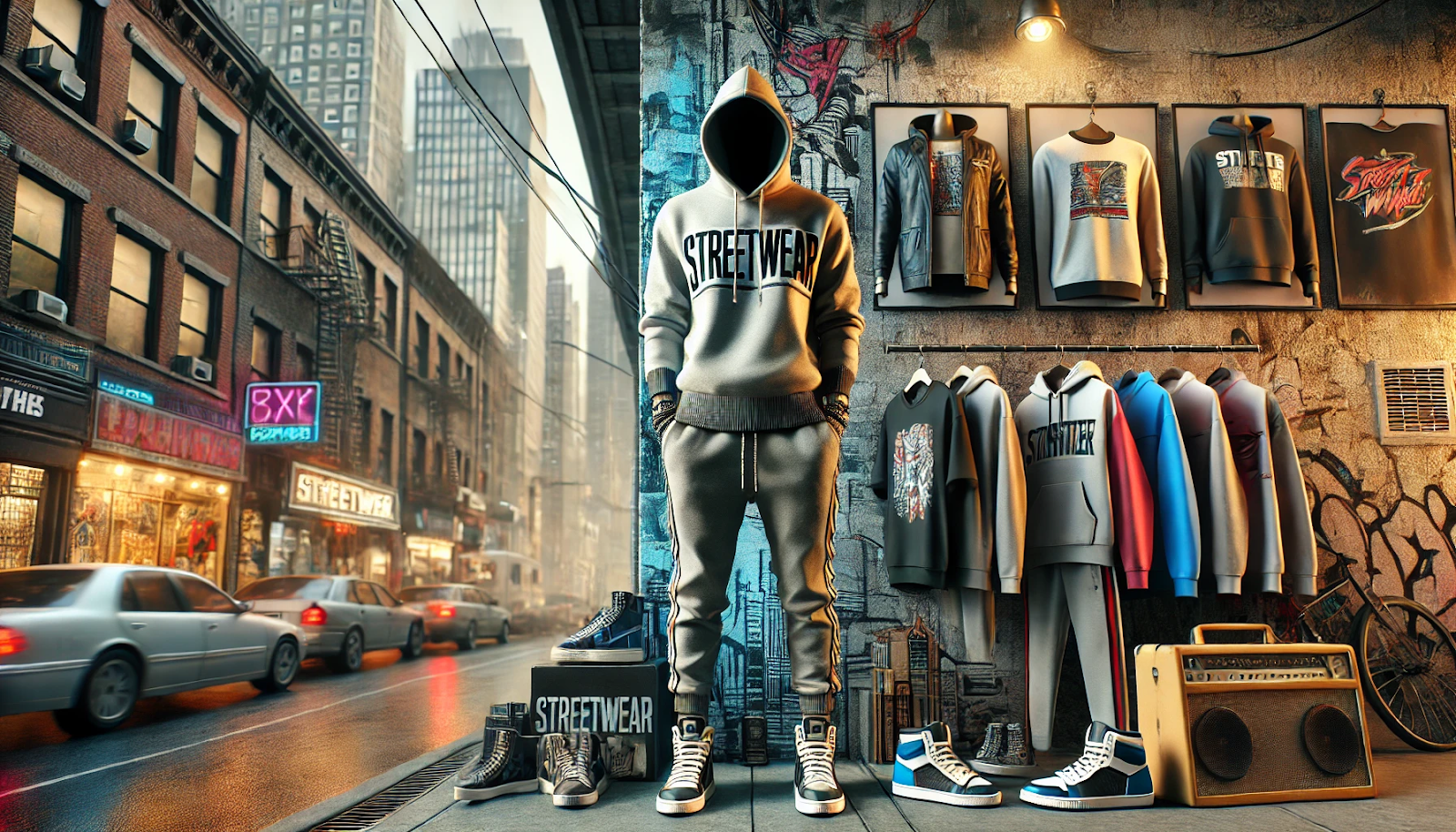 Stylish individual wearing modern streetwear essentials, including a hoodie, stacked joggers, and sneakers, standing in an urban setting with graffiti walls and a vibrant cityscape.