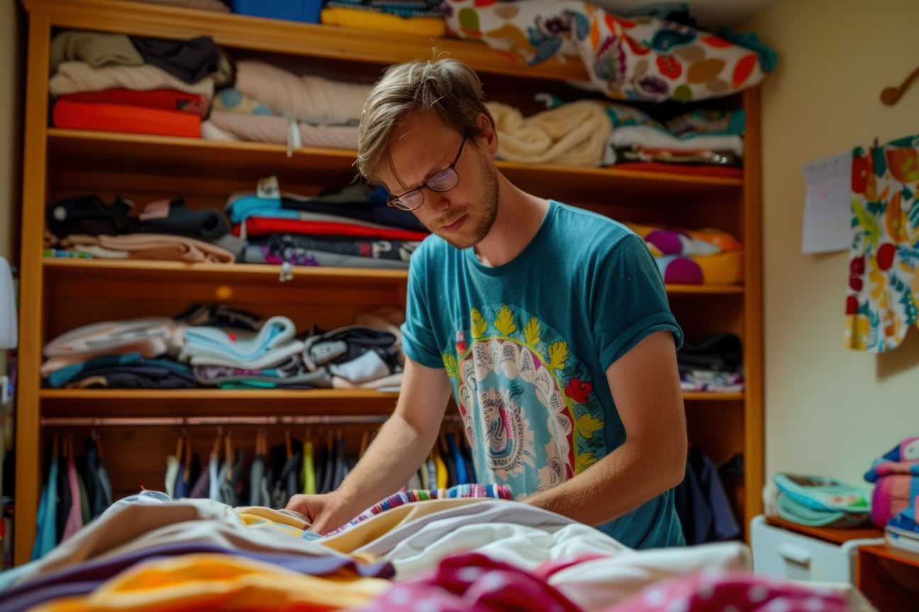 Man wearing glasses and a printed t-shirt organizing colorful fabric in a cozy, cluttered room with shelves in the background.