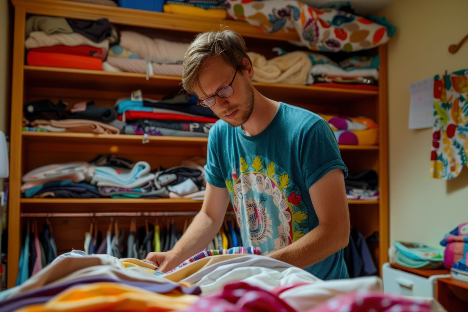 Man wearing glasses and a printed t-shirt organizing colorful fabric in a cozy, cluttered room with shelves in the background.