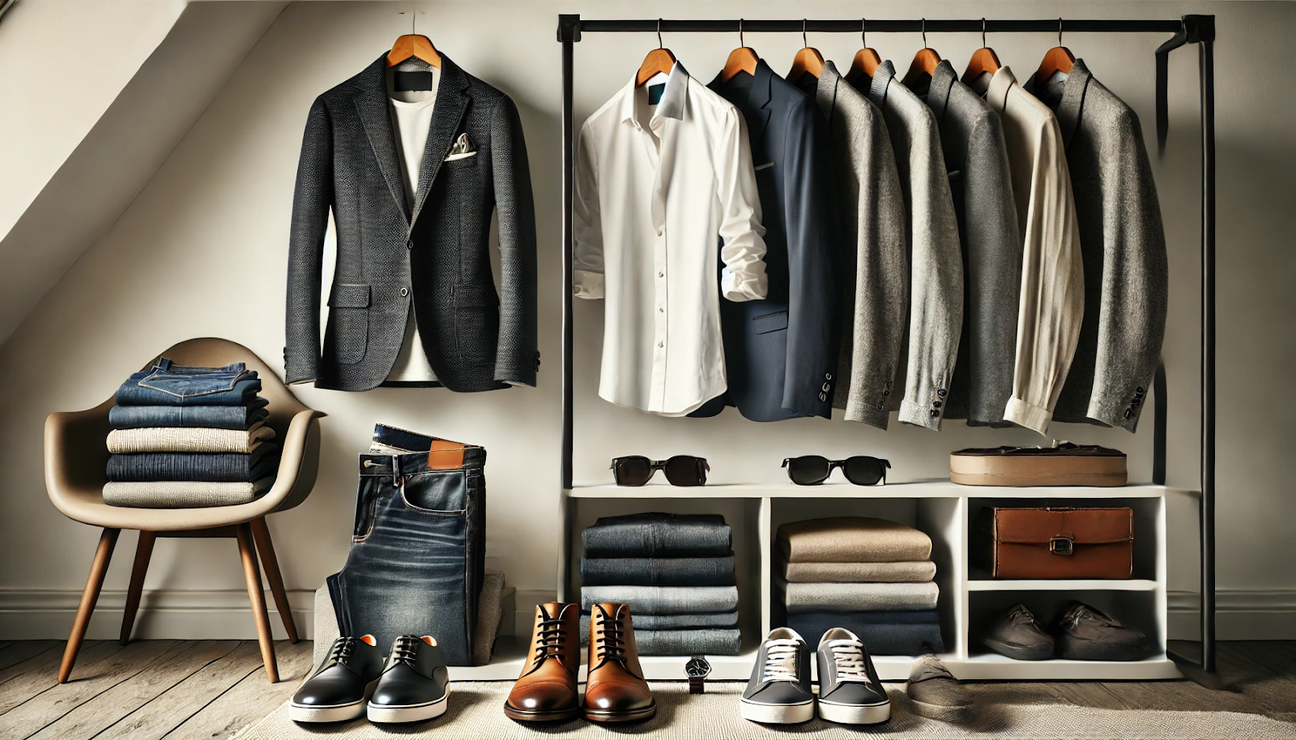 Minimalist wardrobe featuring men's timeless essentials, including a white shirt, dark jeans, navy blazer, leather shoes, and accessories like a watch and sunglasses, arranged neatly with neutral colours in a modern, organized closet setup
