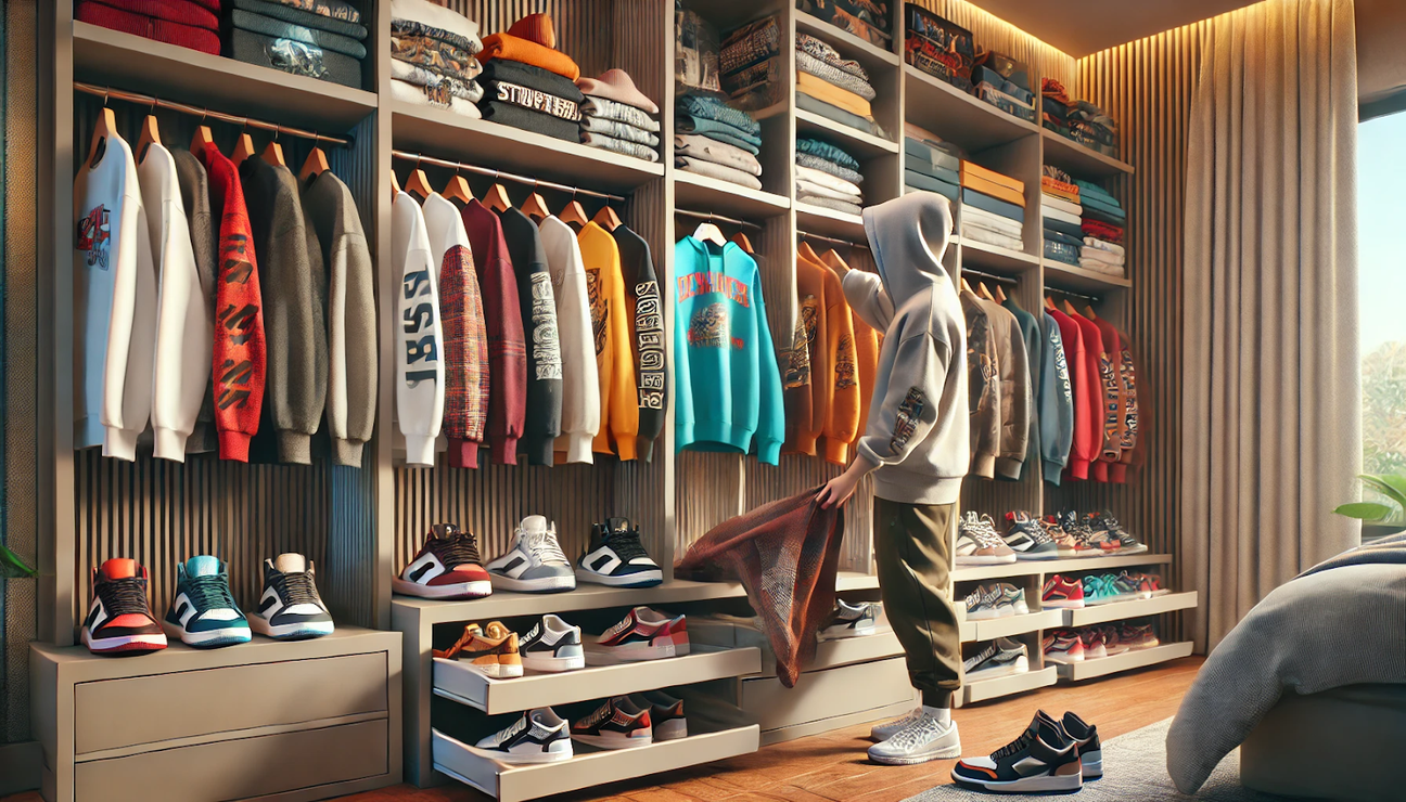 Person organizing a modern wardrobe filled with trendy streetwear clothing, including oversized graphic tees, hoodies, joggers, and sneakers, in a sleek urban bedroom with soft lighting and a minimalist design.