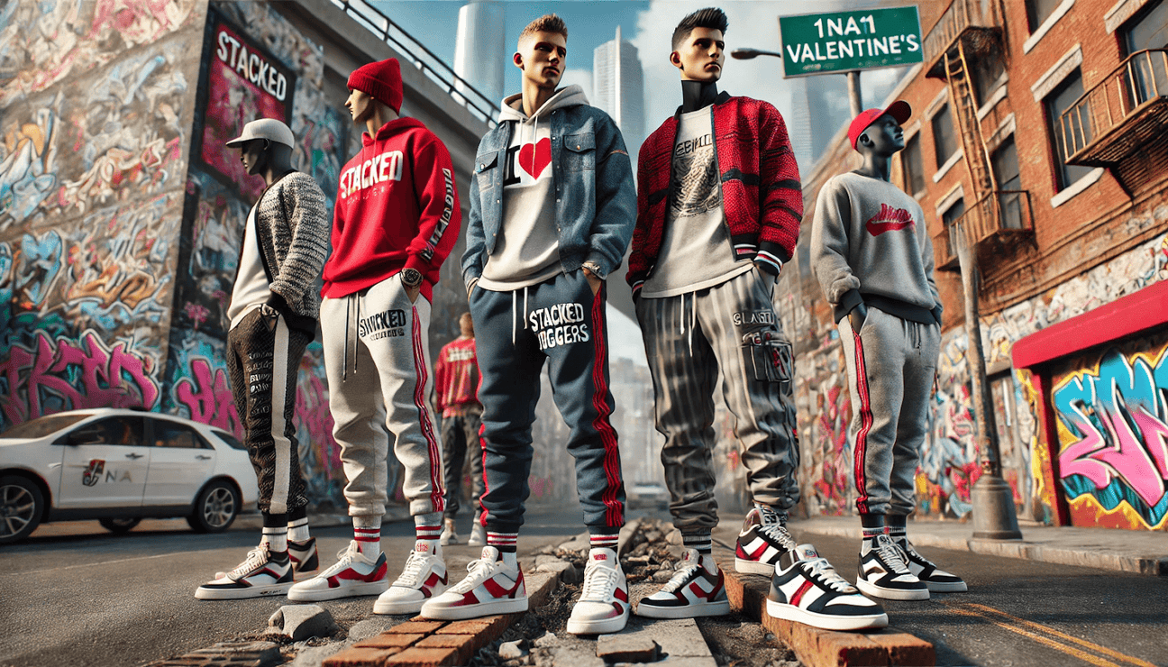 A hyper-realistic urban streetwear scene featuring people wearing stacked joggers, jogger suits, red Valentine's shirt, and glaze sneakers, set against a graffiti-covered city backdrop.