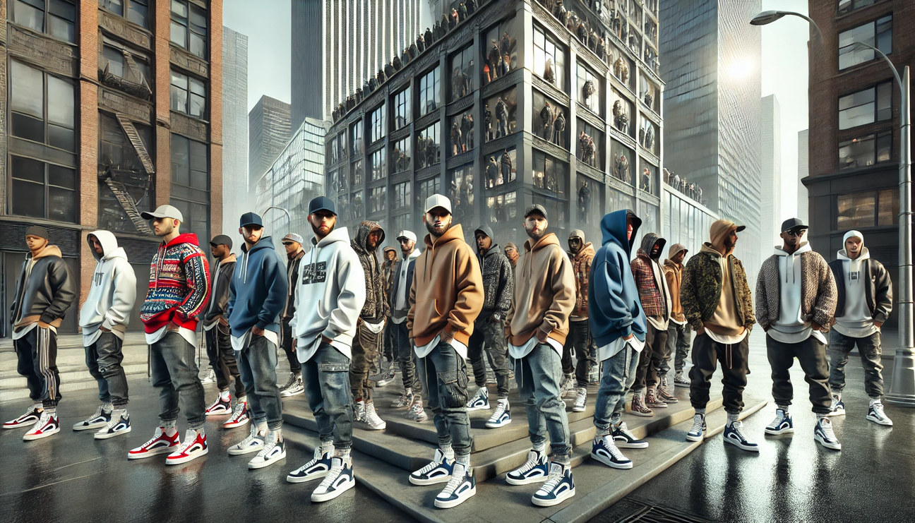 Hyper-realistic image of individuals wearing urban streetwear and high fashion in a modern city street setting