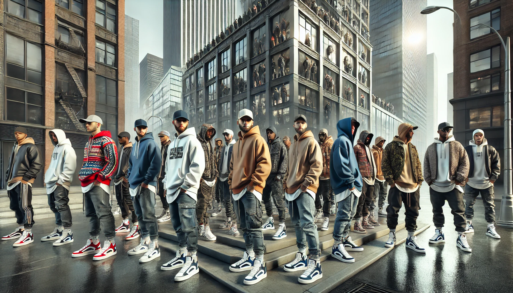 Hyper-realistic image of individuals wearing urban streetwear and high fashion in a modern city street setting