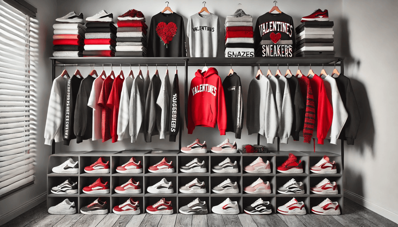 A modern, organized closet features streetwear clothing, including stacked joggers, hoodies, and sneakers, neatly displayed on racks and shelves. It highlights proper care and organization of trendy fashion items.