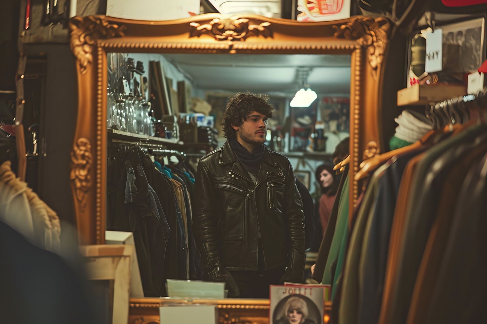 A stylish man wearing a black leather jacket, looking into a vintage mirror in a trendy thrift store. The perfect streetwear outfit for urban fashion lovers.